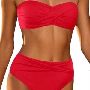 New Women's Cupshe Coral/Pink Ombre Bandeau Twist Bikini Top & Bottom Both Large